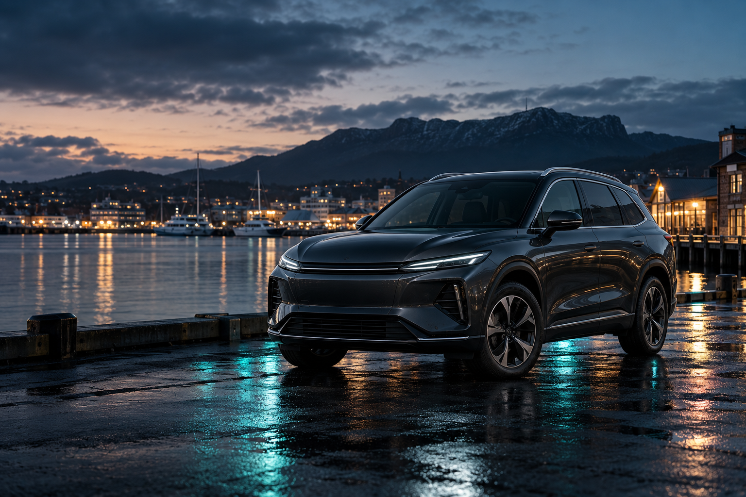 Illustrative electric SUV beside a waterfront at dusk